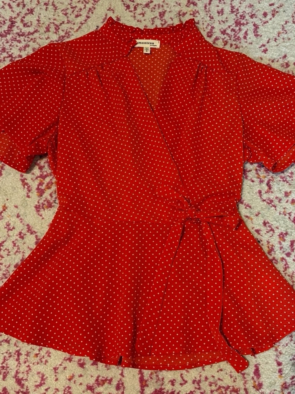 Monteau Red Polka Dot Wrap Peplum Blouse
